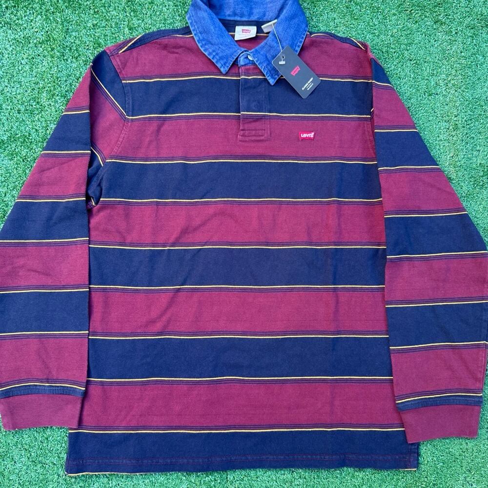 Levis Classic Rugby Blue Red Yellow Stripe Sweatshirt Denim Collar Collegiate